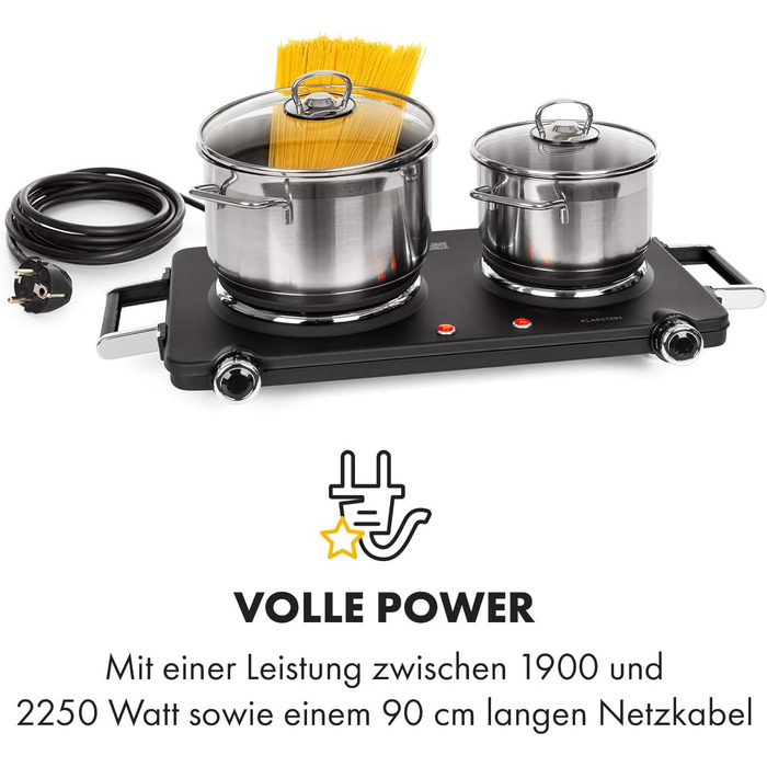 Електрична подвійна конфорка Klarstein Cookorama, 2250 Вт, маса варильних поверхонь 150/180 мм Ø, світлові індикатори, ручки для захоплення, 5 рівнів, варильна поверхня, кемпінг, чорний чорний 2250 Вт