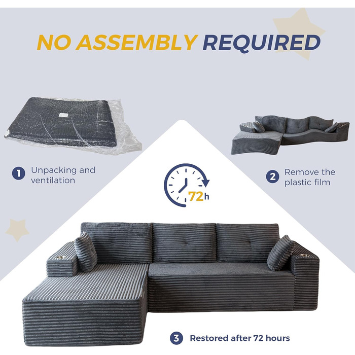 Модульний диван та шезлонг MAXYOYO, диван Cloud без кісток, кутовий диван на 3-4 місця з регульованим положенням ліворуч/праворуч, вельветова оббивка, великий L-подібний розкладний диван для вітальні, складання не потрібне, сірий шезлонг ліворуч