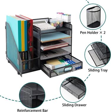 Сітчастий настільний органайзер з вертикальним тримачем для файлів, 5-ярусним лотком для паперу з висувною шухлядою та 2 тримачами для ручок, настільний органайзер з тримачем для журналів для офісного приладдя Black1