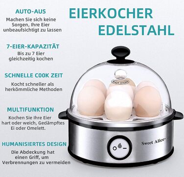 Солодка Alice Egg Cooker з нержавіючої сталі, переможець тесту яйцеварки, яйцеварка на 1-7 яєць з налаштуванням рівня твердості, світлова індикація автоматичного вимкнення, мірна чашка, захист від перегріву, без бісфенолу А, 360 Вт