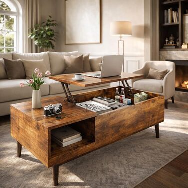 Журнальний столик DUMOS з регульованою висотою, якісний стіл для вітальні, журнальний столик, журнальні столики для вітальні, невеликі, сучасні дерев&39яні центральні столики з відділенням для зберігання та прихованим відділенням (колір дерева) коричневий