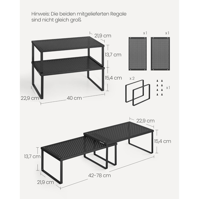 Стійка для спецій, Набір з 2, Кухонна полиця, Кухонний органайзер, Кухня, Тримач для спецій, Розширюваний, Штабелюється, Маленька полиця, Метал, Чорний колір KCS401B01 40 см Чорний колір