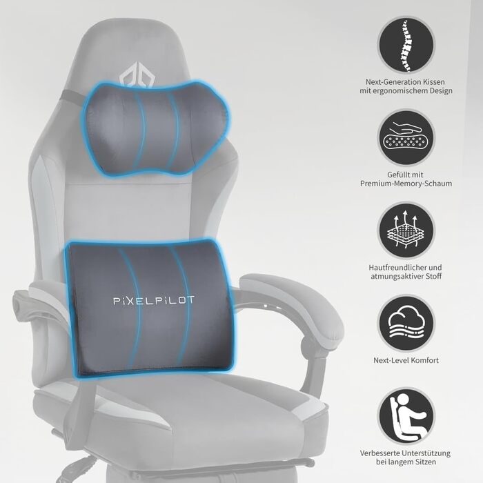 Ергономічне ігрове крісло PixelPilot Дихаюча тканина Крісло з підставкою для ніг, підголівником та поперековою опорою, ігрове ПК-крісло Широке сидіння Офісне крісло вантажопідйомністю 150 кг (Nebula, чисто сірий) Чисто сірий Nebula