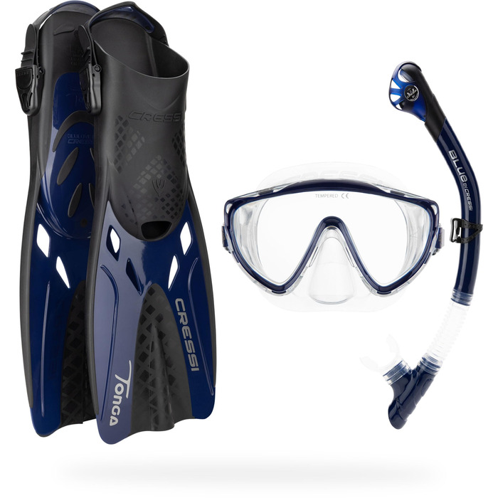 Набір для підводного плавання CRESSI Tino Adventure Set - Набір для підводного плавання, що включає ласти Tonga, маску Tino та трубку Scilla, для підводного плавання та дайвінгу, дорослі L-XL, прозорий/синій/темно-синій
