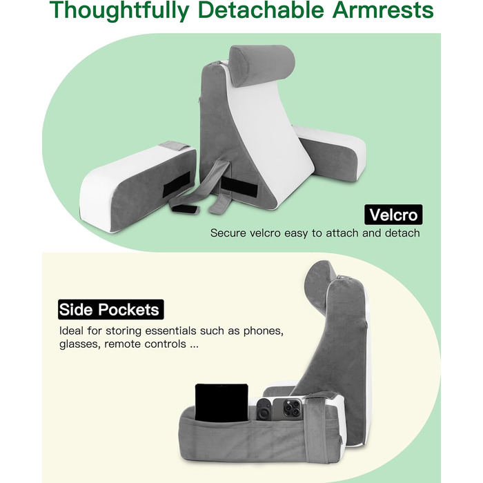 Подушка для читання для ліжка та дивана, подушка для книги зі знімним потиличним валиком та підлокітником, подушка для спини ліжка, настінна подушка, багатофункціональна клиноподібна подушка для читання, роботи, перегляду телевізора