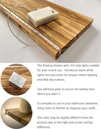 Полиці для ванної кімнати Плаваючі полиці для настінного декору Дерев&39яні настінні полиці для зберігання зі світлодіодними стрічковими світильниками над туалетом Плаваюча полиця для ванної кімнати, підвісна для книг, кутова вітальня, спальня, декор кухн