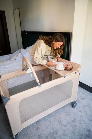 Дитяче та дитяче дорожнє ліжечко MoMi BELOVE PLUS 2-в-1, складне, 2 рівні для сну для немовлят до 9 кг та дітей до 15 кг з дитячим матрацом, ігровою ручкою, пеленальний килимок та сумка для перенесення, темно-зелений