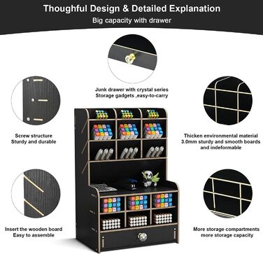 Дерев'яний настільний органайзер Багатофункціональний настільний канцелярський тримач для ручки Коробка для домашнього офісу Стелаж для зберігання шкільного приладдя з шухлядою (чорний-b16)