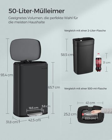 Відро для сміття для кухні, 50 л, для сміття, педальний, з кришкою, плавне закриття, ножна педаль, сталь, внутрішній контейнер, чо