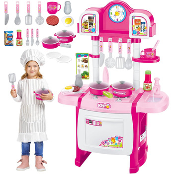 Мініатюрний кухонний набір deAO My Little Chef, рольова гра зі світлом і звуками, елементами води та 18 аксесуарами (рожевий)
