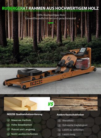 Водний гребний тренажер Neezee для домашнього використання, складний гребний тренажер з масиву дерева з Bluetooth-дисплеєм та тримачем для планшета, максимальна вантажопідйомність 200 кг, сумісний із застосунком Kinomap Braun (з Bluetooth)