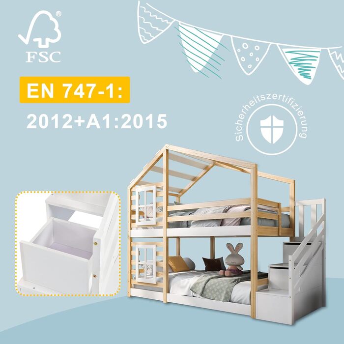 Дитяче двоярусне ліжко LATICO з шухлядою та поручнями, соснове ліжко-будиночок для дітей з драбиною, 2 рейкові основи, натуральний та білий - 244,5 x 96 x 193 см (Ш/В/Г), матрац не входить до комплекту, натуральний колір з шафками