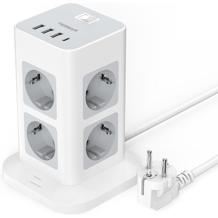 Місна розетка з USB C, захист від перенапруги з 3 USB і 1 USB C, розетка з вимикачем, подовжувач 2M для дому, 3600 Вт 2 метри, 8-