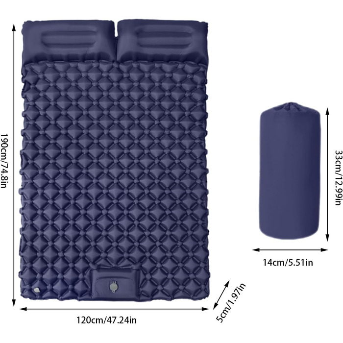 Килимок для кемпінгу, надувний матрац з подушкою, надувний килимок для сну, 180 x 120 x 5 см, ідеально підходить для піших прогулянок, подорожей на природі, кемпінгу на автомобілі, трекінгу та пригод у дикій природі, темно-синій
