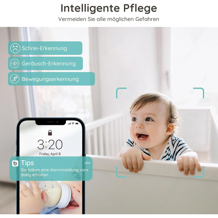 Радіоняня BOIFUN 2K із додатком камери, виявлення плачу/руху/шуму, інтелектуальне нічне бачення, автоматичне відстеження, PTZ 345/