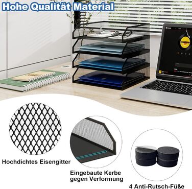 Лоток для документів PUNCIA A4, лоток для листів з 4 металевими відділеннями, органайзер для файлів, лоток для паперу, система для зберігання документів, тримач для документів для офісу, навчання, школи, чорний, 32 x 24,5 x 30 см