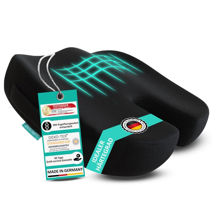 Ортопедична подушка для сидіння ПЕРЕМОЖЕЦЬ ТЕСТУ Ергономічний оазис для офісних крісел, автомобілів тощо - Знімає тиск на куприк, заспокоює біль та сприяє кровообігу Зроблено в Німеччині 50-95 кг Чорна піна з ефектом пам&39яті