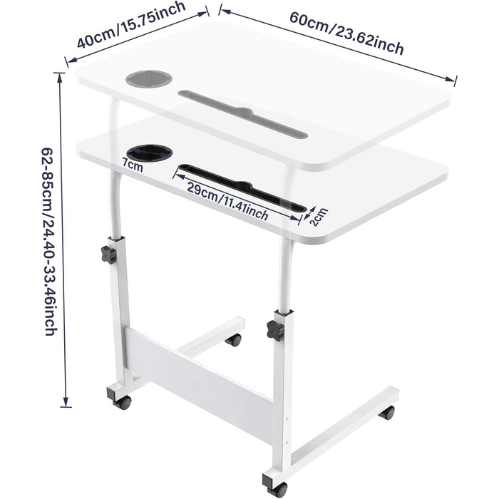 Стіл для ноутбука з регульованою висотою, бічний столик з колесами та слотами для карток, мобільний стіл/комп&39ютерний стіл для дивана, ліжка, кушетки, офісу (білий, 60x40 см) 60x40 см З 2 слотами для карток Білий