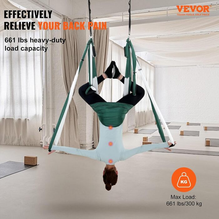 Гамак для аеро-йоги VEVOR Aerial Yoga Hammock, повітряна гойдалка (зелено-білий), макс. навантаження 300 кг (2,5x1,5 м)