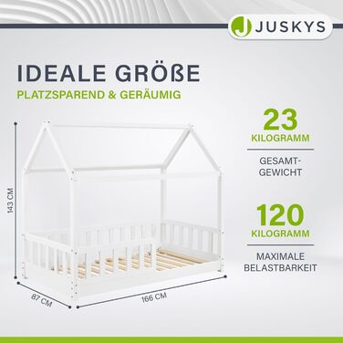 Дитяче ліжко Juskys Marli 80 x 160 см з матрацом, захисними поручнями, рейковою основою та дахом - Ліжко-будиночок з масиву дерева для дітей - Ліжко білого кольору