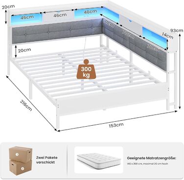М&39яке ліжко-диван-ліжко 140x200 з 6 відділеннями для зберігання Дитяче ліжко 140x200 зі світлодіодним освітленням Кушетка з розетками Гостьове ліжко Каркас ліжка з металевою рейковою основою, матрац не входить до комплекту (білий) 140x200 см Білий