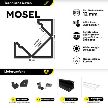 Алюміній - світлодіодний алюмінієвий кутовий профіль чорний - 200 см - з аксесуарами та опаловим чохлом - для світлодіодної стрічки 12 мм - 2 м - для приміщень та вулиці - MOSEL (Alu Cover (Opal / Milky) 1,5 м)