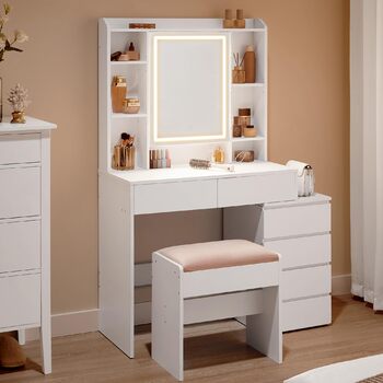 Колекція Kailyn - Туалетний столик зі світлодіодним освітленням, 3 регульовані кольори світла, туалетний столик з дзеркалом, шухляди, відкриті відділення, з табуретом, регульовані полиці, хмарно-білий RDT125W01 Сучасний 97.5W см