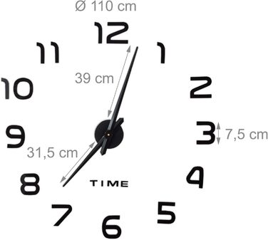 Настінний годинник Relaxdays DIY, 3D-цифри, настінне татуювання годинника, проста установка, змінний розмір, сучасний, чорний