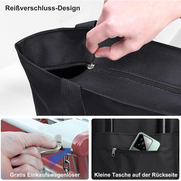 В-1 Візок для покупок, 30л Велика сумка на колесах, Легкий складаний візок для магазинів, кемпінгу та подорожей, з ключем для монет, Чорний, 2-