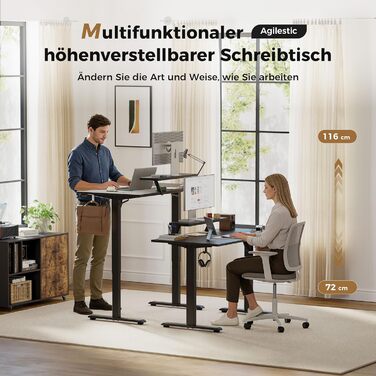 Електрично регульований по висоті стіл Agilestic, 100 x 60 см з рухомою підставкою для монітора, стіл для роботи стоячи з 2 кнопками пам&39яті, 2-секційна стільниця, стіл для домашнього офісу, чорний 100 x 60 см