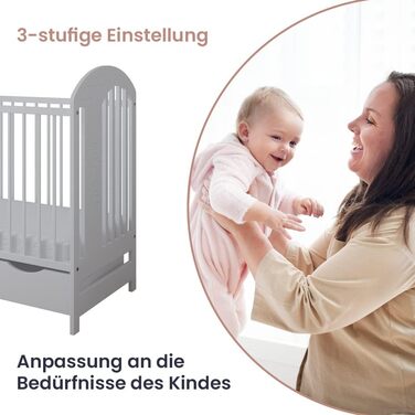 Дитяче ліжечко Kiki Design з шухлядою та матрацом, дитяче ліжечко з поролоновим матрацом 120x60 см, регульована висота, соснова деревина, з мотивом ведмедика - дитяче ліжко - дитяче ліжко - дитячі ліжка - ліжко дитяче колір білий