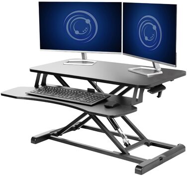 Конвертер для столу VIVO 32 дюйми стоячи з регульованою висотою стільниці, робоча станція сидячи-стоячи для двох моніторів та ноутбука, з широким лотком для клавіатури, чорний, DESK-V000K 81 см чорний