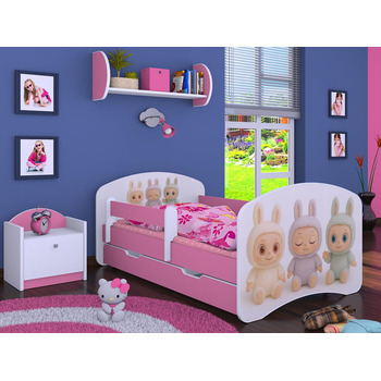 Дитяче ліжко Happy Babies - із захистом від падіння, ліжко для хлопчика 140x70, дитяче ліжко з шухлядою та матрацом, односпальне ліжко для дітей, біле/рожеве - Sweet BUBU (N.1)