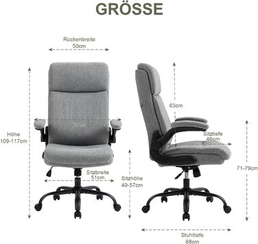 Ергономічне офісне крісло CASTLOVE - Робоче крісло зі спинкою - Відкидні підлокітники - Висока спинка - Регульована висота - Функція гойдання (Тканина офісного крісла сірого кольору, макс. 150 кг)