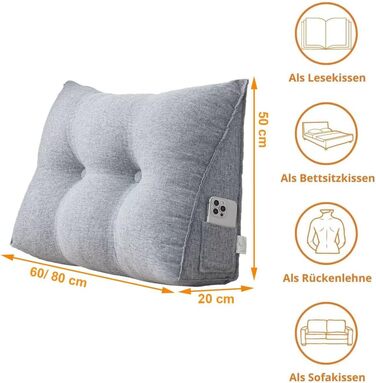 Універсальна затишна подушка для спини, подушка для читання для ліжка та дивана, 80x50x20 см біла клиноподібна подушка, трикутна поперекова подушка зі знімним чохлом, який можна прати, практична бічна кишеня біла 80x50x20 см