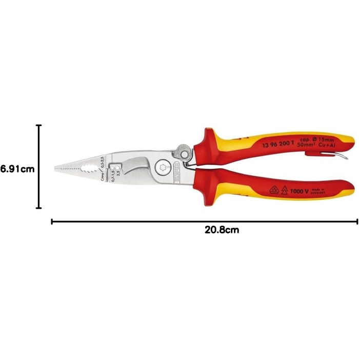 Інсталяційні кліщі KNIPEX для електромонтажу, хромовані, ізольовані, 13 96 200 T