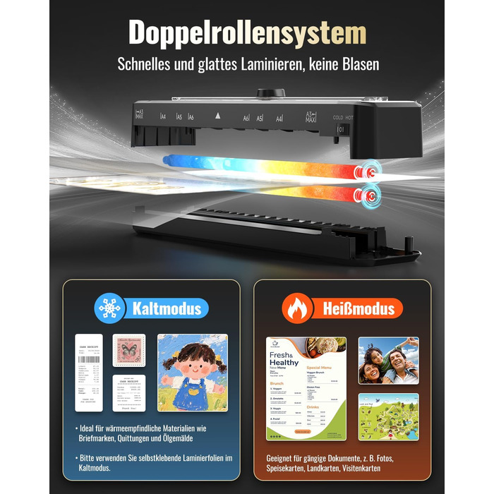 Ламінатор для паперу формату A3, A4, A5, A6 та A7 з різаком для паперу Закруглені кути Ламінувальні пакети на 15 аркушів, захист від застрягання з ABS-пластику Робота в гарячому та холодному режимі Розумний захист Ламінатори для дому, школи та офісу Чорни