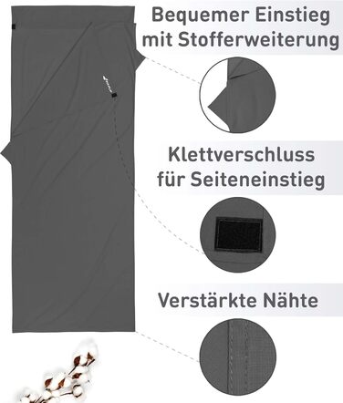 Підкладка для спального мішка Fit-Flip з бавовни або мікрофібри - надлегкий внутрішній спальний мішок - тонкий дорожній спальний мішок - компактний, маленький та шовковисто-м&39який - підкладка для спального мішка з кишенею для подушки, бавовна, темно-сір