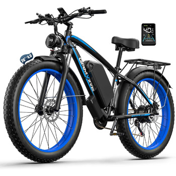 Електричний велосипед V7 для дорослих, гірський електровелосипед 264.0 дюймів з товстими шинами, акумулятор 52 В 19.2 Аг, гідравлічні гальма, 21-швидкісний електровелосипед