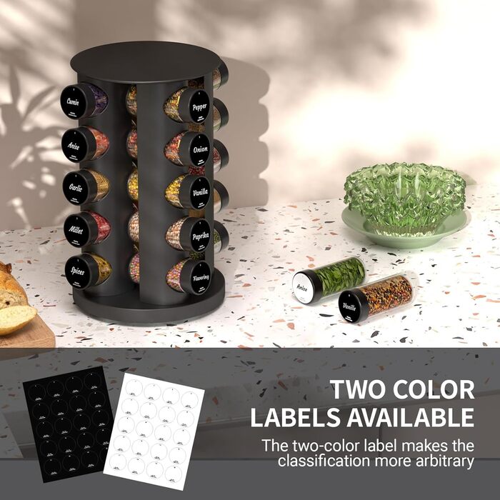 Кругла чорна підставка для спецій з 20 чорними круглими банками для спецій, карусель для спецій з нержавіючої сталі, що обертається на 360, органайзер для спецій, підставка для спецій, банки для спецій зі вставкою-шейкером, кругла банка для спецій B 20