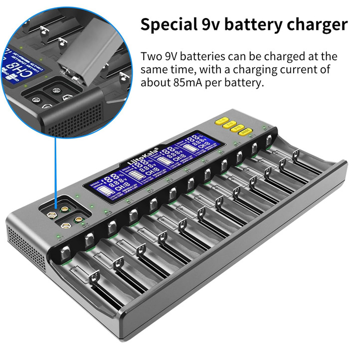 Сумісний з Li-ion 26650/22650/18650/18490/18350/17670/17500/17355/16340/14500/10440/AASA тощо AA/SC NI-MH та NiCdA, AA, AAA, SC., 12 Ladegert