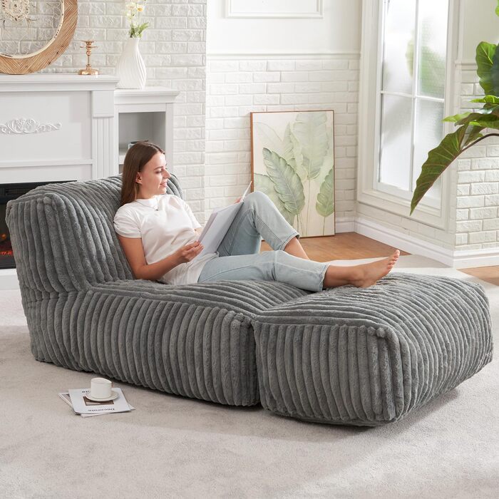 Крісла-шезлонги Hobestluk Big Bean Bag Lounger, велике крісло-мішок для дорослих, диван-мішок з наповнювачем з піни з ефектом пам&39яті для вітальні, спальні або балкону (сіра смужка), сірий