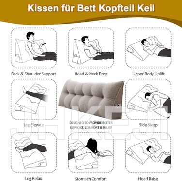 Подушка для спинки ліжка 120 см, велика подушка для спинки ліжка бежева, клиноподібна оксамитова подушка для узголів&39я ліжка, трикутна подушка для спини для настінного кріплення, поперекова подушка-клиноподібна опора для спини, яку можна прати, бежева 1