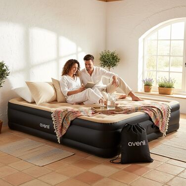 Самонадувальний надувний матрац/ліжко AVENLI для 2 осіб, 203x157x47 см, надувне гостьове ліжко з вбудованим насосом, надзвичайно висока спальна поверхня, флокована поверхня для кемпінгу та дому