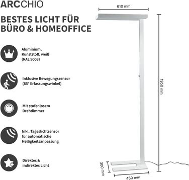 Світлодіодний офісний торшер Arcchio з регулюванням яскравості, детектор руху, датчик денного світла, офісний світильник Торшер вгору і вниз 8000 лм, 4000K, торшер Стельовий омийник Домашній офіс