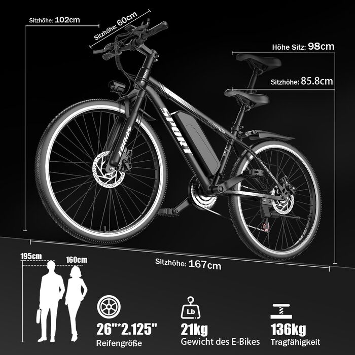 Електричний велосипед ASKGO зі знімним акумулятором 48 В 10 Аг, гірський електровелосипед 26 дюймів, запас ходу 80 км, передня підвіска, 7-швидкісний електровелосипед для дорослих, чоловіків та жінок