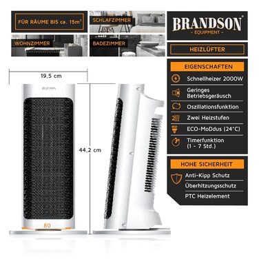 Тепловентилятор потужністю 2000 Вт - Великий та потужний - з пультом дистанційного керування - Лауреат премії 2025 року - Енергозберігаючий та тихий - з термостатом та коливальною системою - Ванна кімната, Дитяча кімната, Вітальня D Білий Тип 2