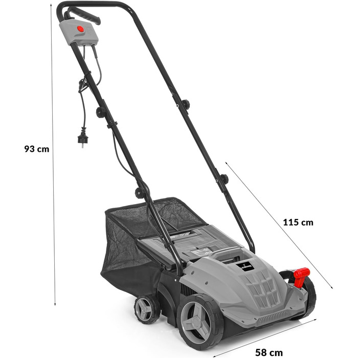 Вертикутер та аератор для газону LEHMANN 2-в-1, 1500 Вт, ширина захвату 32 см, 4 рівні глибини обробки, з травозбірником 30 л, кулькопідшипникові ножі та аераційна валки, сірий колір