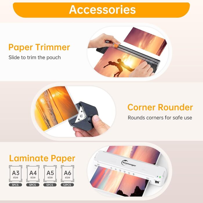 Ламінатор A3, ламінатор з 30 пакетами для ламінування A3/A4/A5/A6, комплект 6 гарячих та холодних ламінаторів з різаком для паперу та закруглювачем кутів для використання вдома, в офісі, школі та ресторані, колір слонової кістки A3
