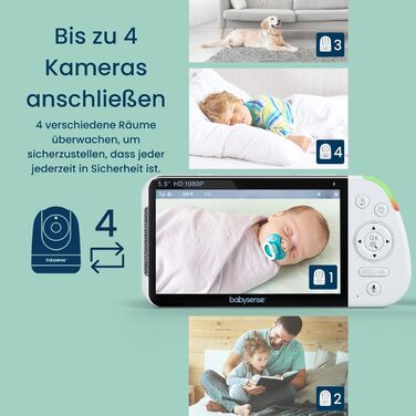 Монітор Babysense із камерою та 5,5-дюймовим дисплеєм із розділеним екраном 1080p Full HD, 2 камери, нічник RGB, велика батарея 50